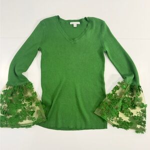 Green Ribbed V Neck Top Sheer Embroidered Bell Sleeve Cottagecore Fairy Boho M
